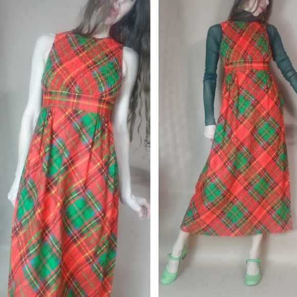 🎈Sale! Vintage 60s 70s Plaid Sleeveless Dress xs - Picture 5 of 7